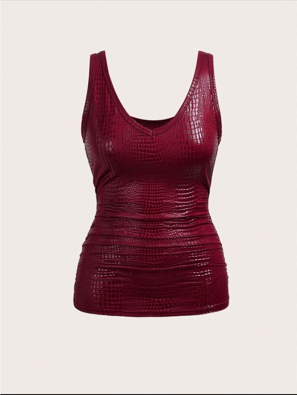 Women’s Sleeveless V-Neck Croc-Texture Tank Top - Burgundy - Picture 2 of 14